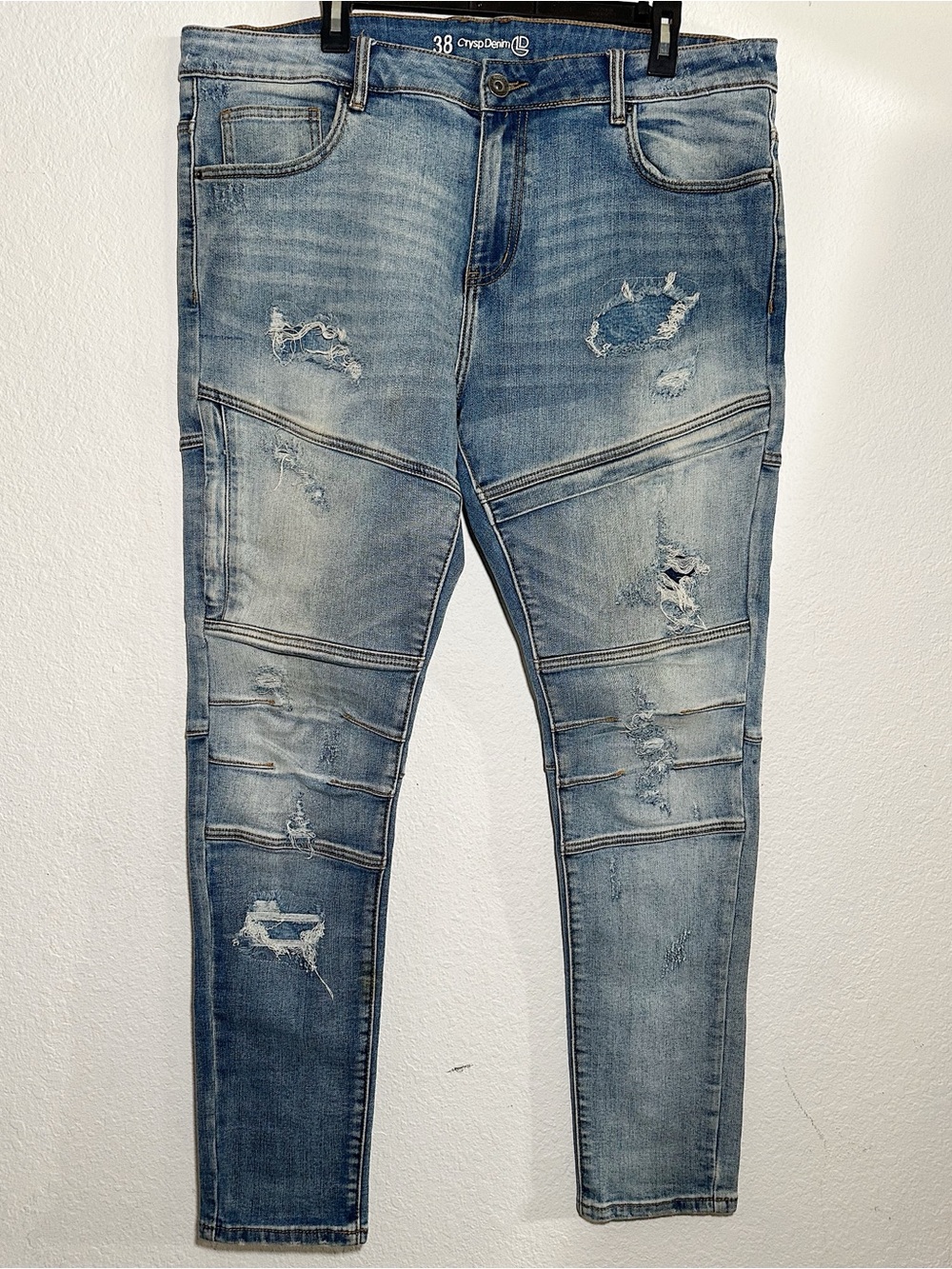 Crysp Denim Men's Distressed Moto Skinny Jeans Size 38 - 32" Inseam